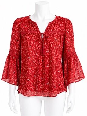 Lucky Brand Red Floral Peasant Blouse Bell Sleeves Lace Inset Chiffon Top Med M
